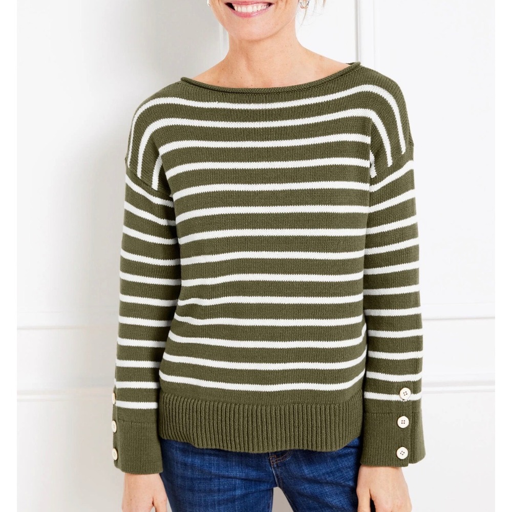 Talbots Olive Green White Striped Bateau Neck‎ Cotton Sweater Size NWOT